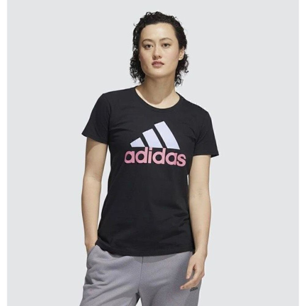 ADIDAS - NWT - L Sz XS Badge of Sport Tee in Black w/Violet & Rose NEEDS REPAIR!